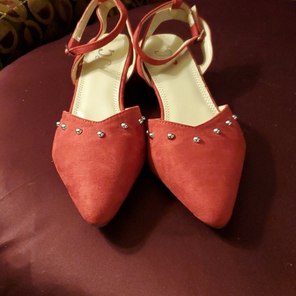 Red Faux Suede Ankle Wrap Wedges - Picture 11 of 11